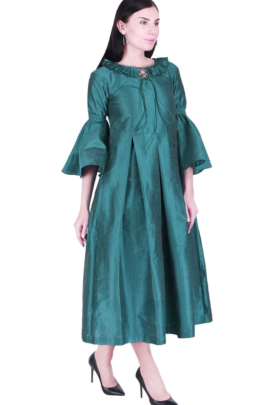 Solid Color Art Silk Pleated Dress in Teal Blue