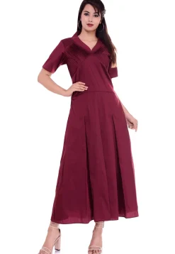 Solid Color Art Silk Pleated Dress in Maroon