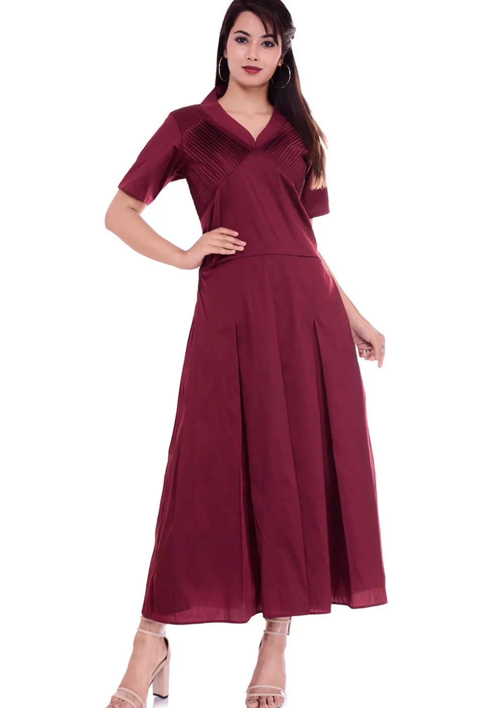 Solid Color Art Silk Pleated Dress in Maroon