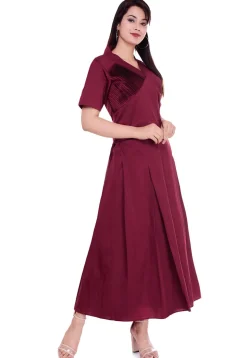 Solid Color Art Silk Pleated Dress in Maroon