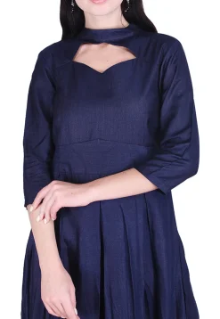 Solid Color Art Silk Pleated Dress in Navy Blue