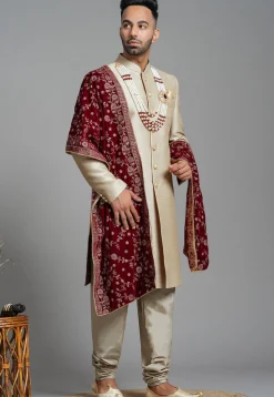 Solid Color Art Silk Sherwani in Fawn