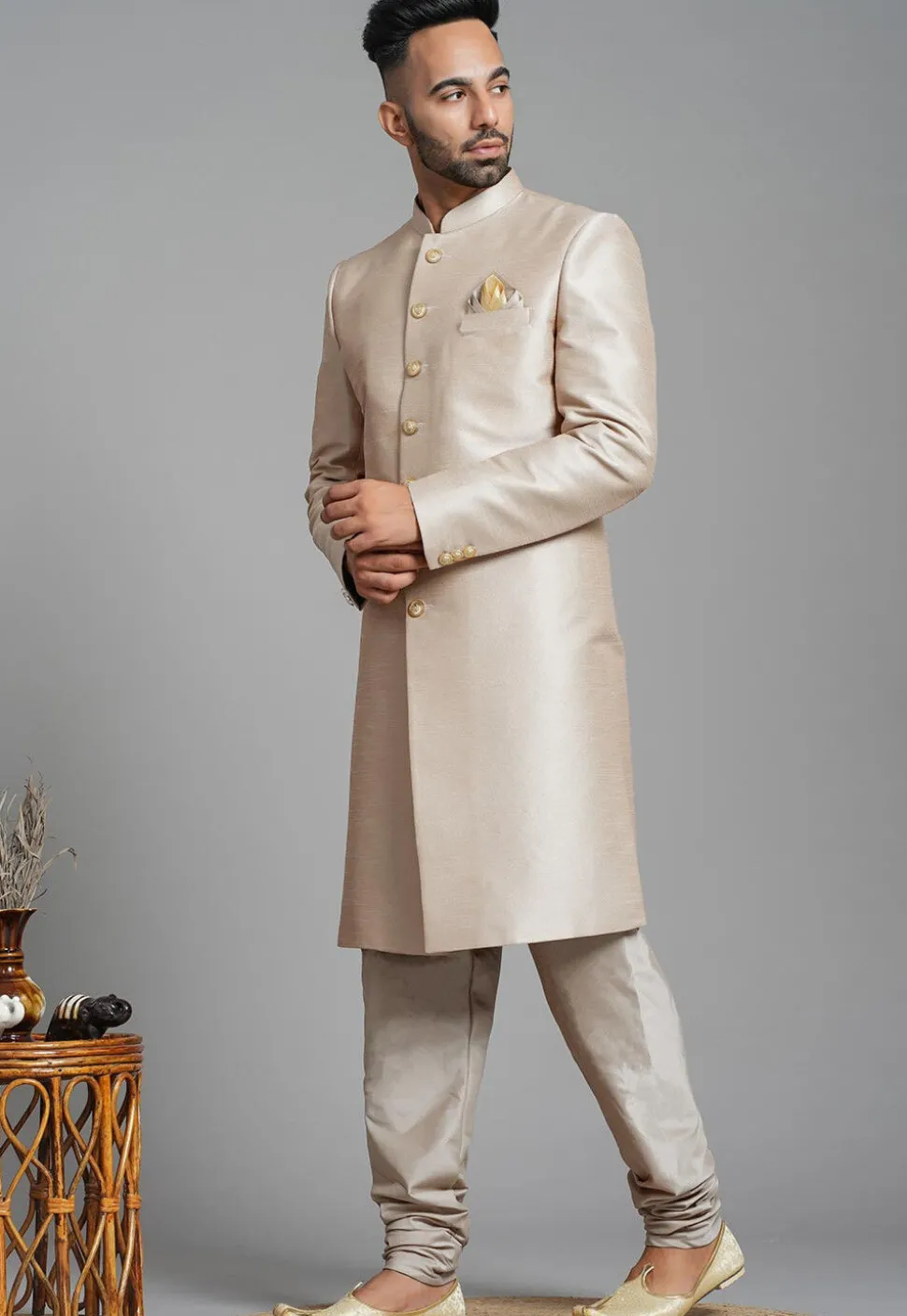 Solid Color Art Silk Sherwani in Fawn