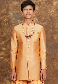 Solid Color Art Silk Sherwani in Beige