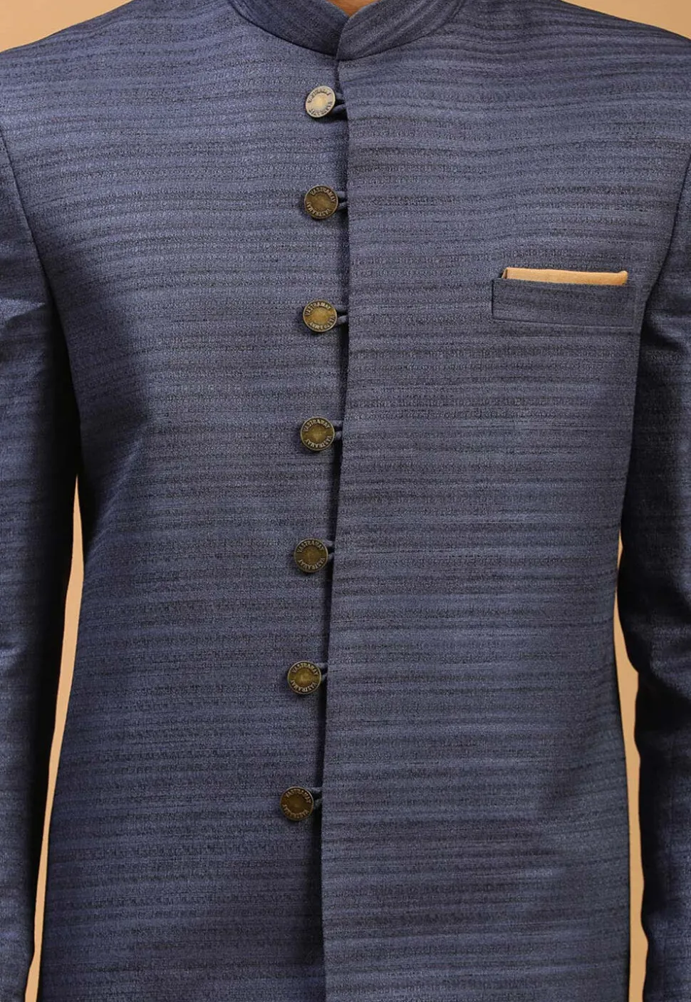 Solid Color Art Silk Sherwani in Navy Blue