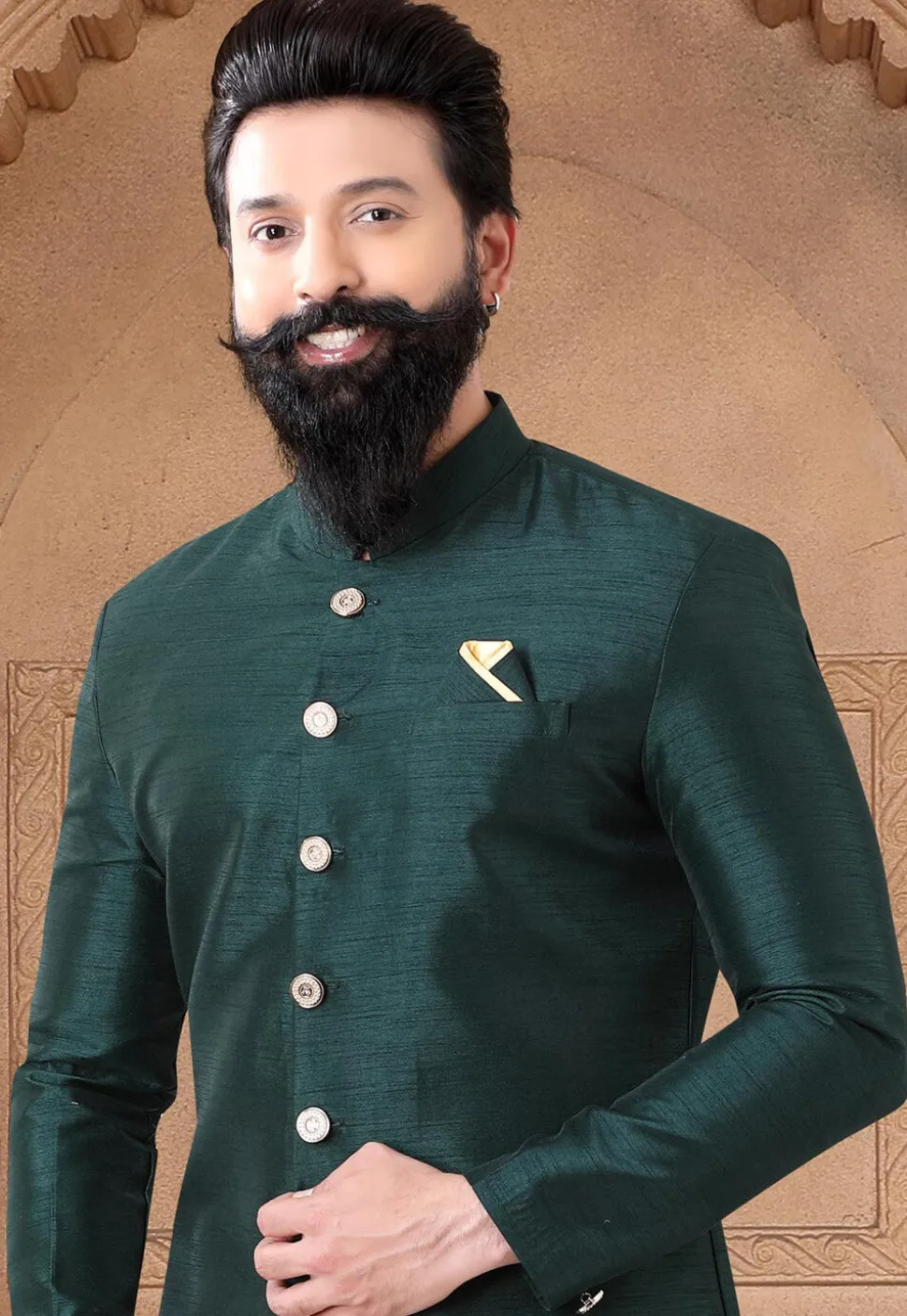 Solid Color Art Silk Sherwani in Green