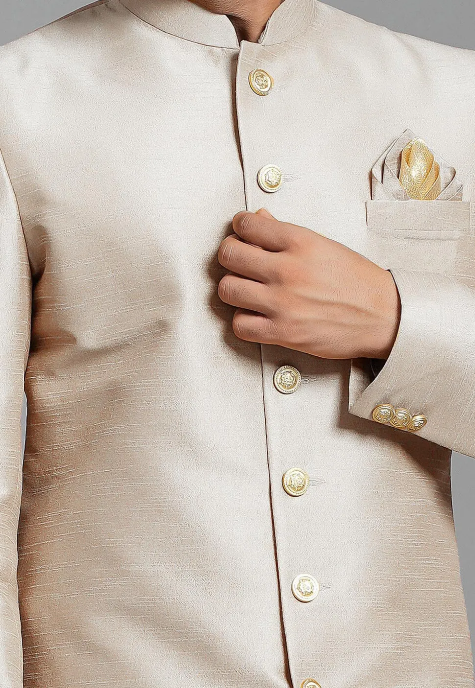Solid Color Art Silk Sherwani in Fawn