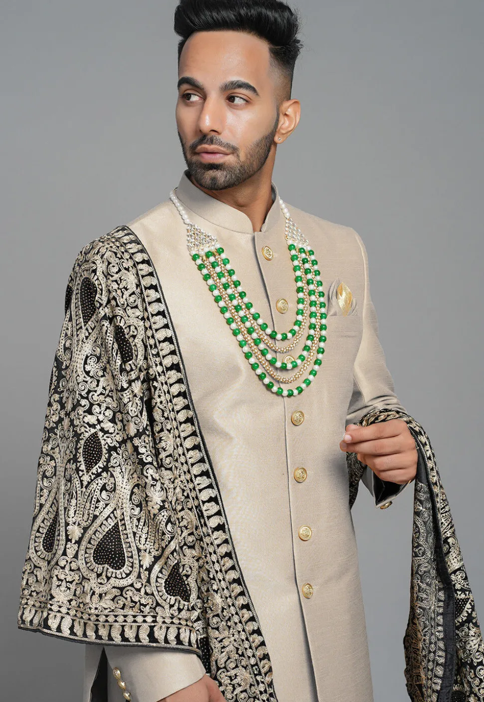 Solid Color Art Silk Sherwani in Fawn