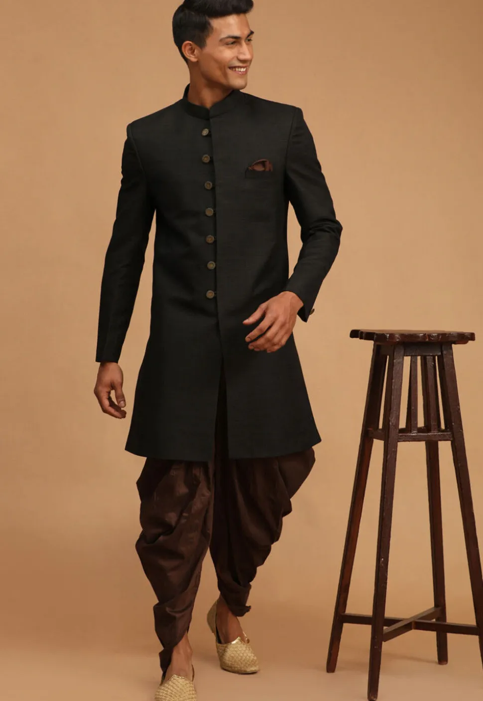 Solid Color Art Silk Sherwani in Black