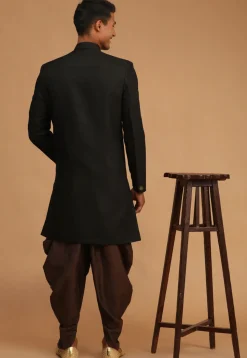 Solid Color Art Silk Sherwani in Black