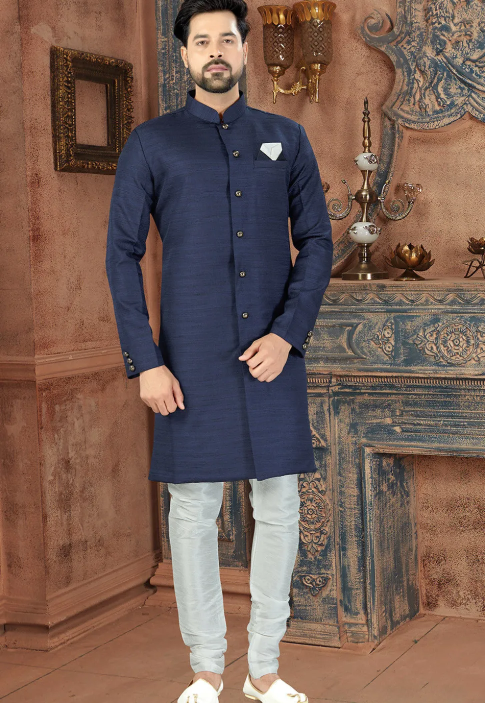 Solid Color Art Silk Sherwani in Navy Blue