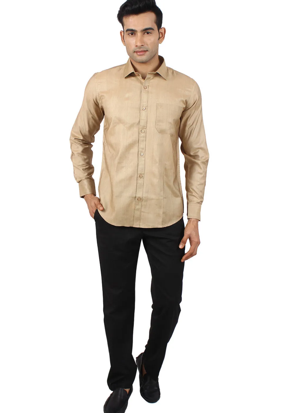 Solid Color Art Silk Shirt in Beige