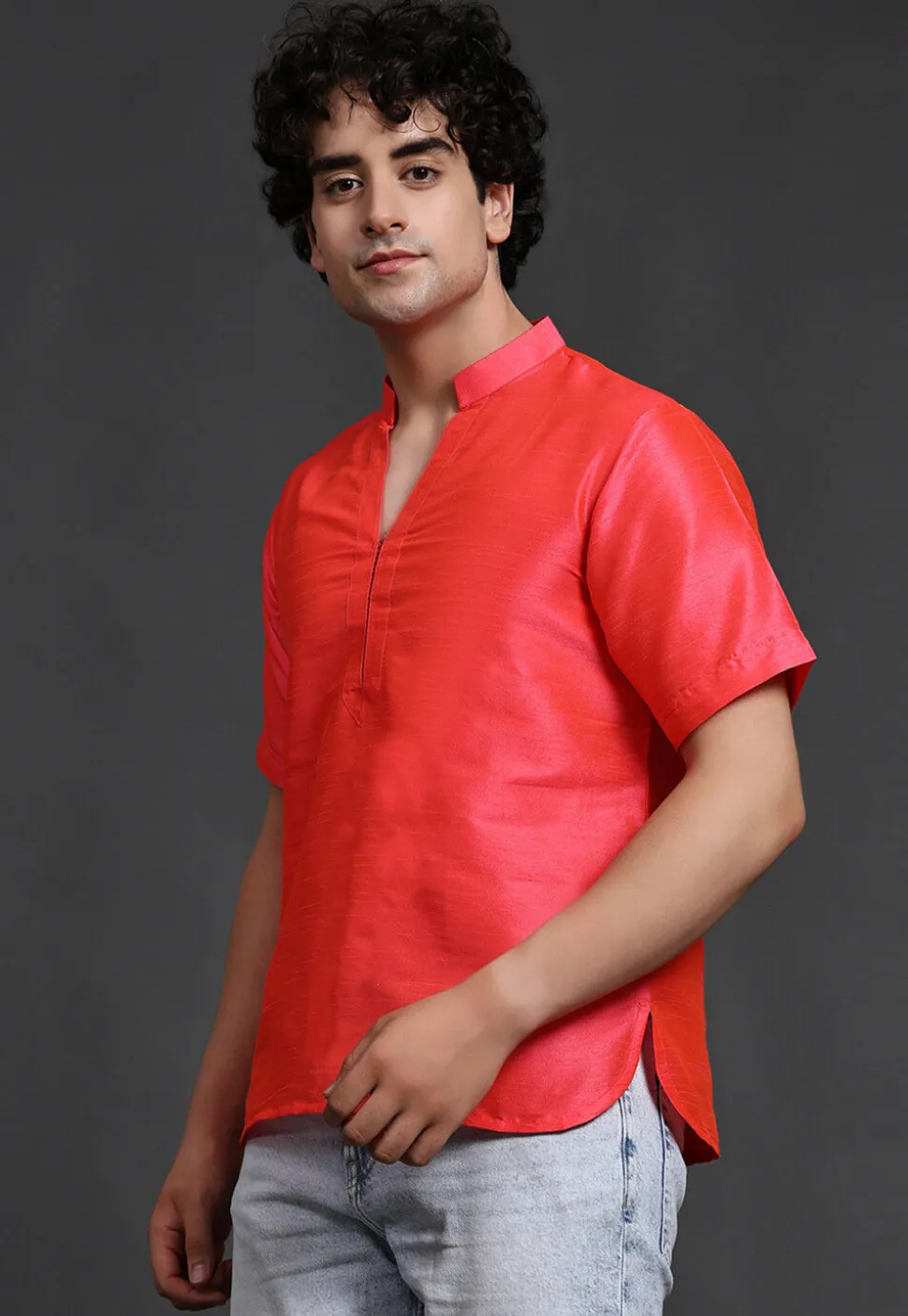 Solid Color Art Silk Short Kurta in Peach