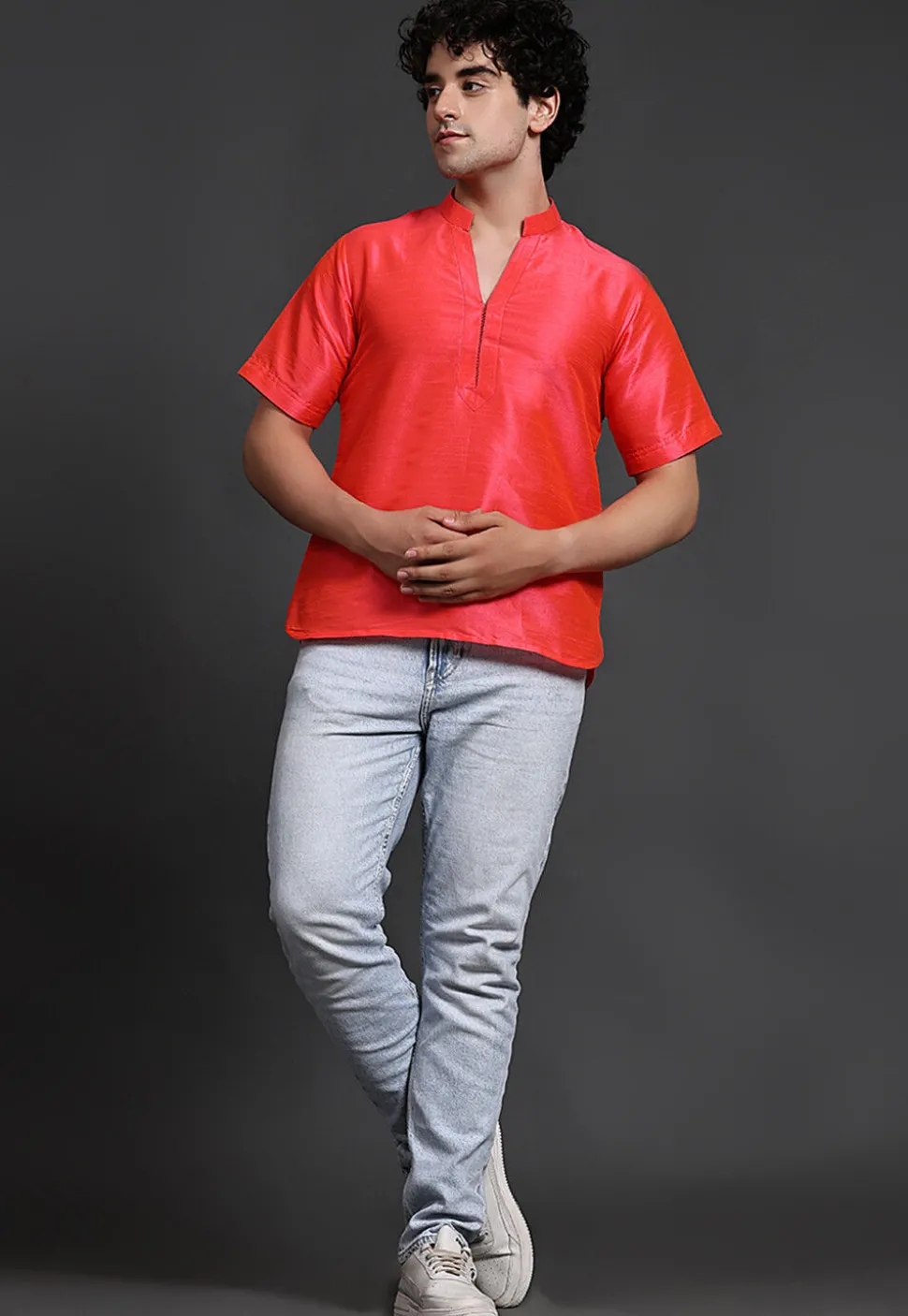 Solid Color Art Silk Short Kurta in Peach