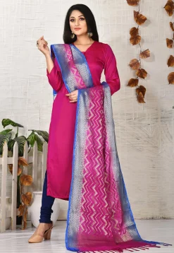 Solid Color Art Silk Straight Suit in Fuchsia
