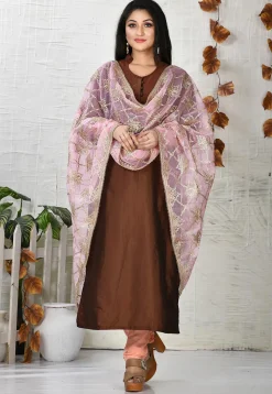 Solid Color Art Silk Straight Suit in Dark Brown