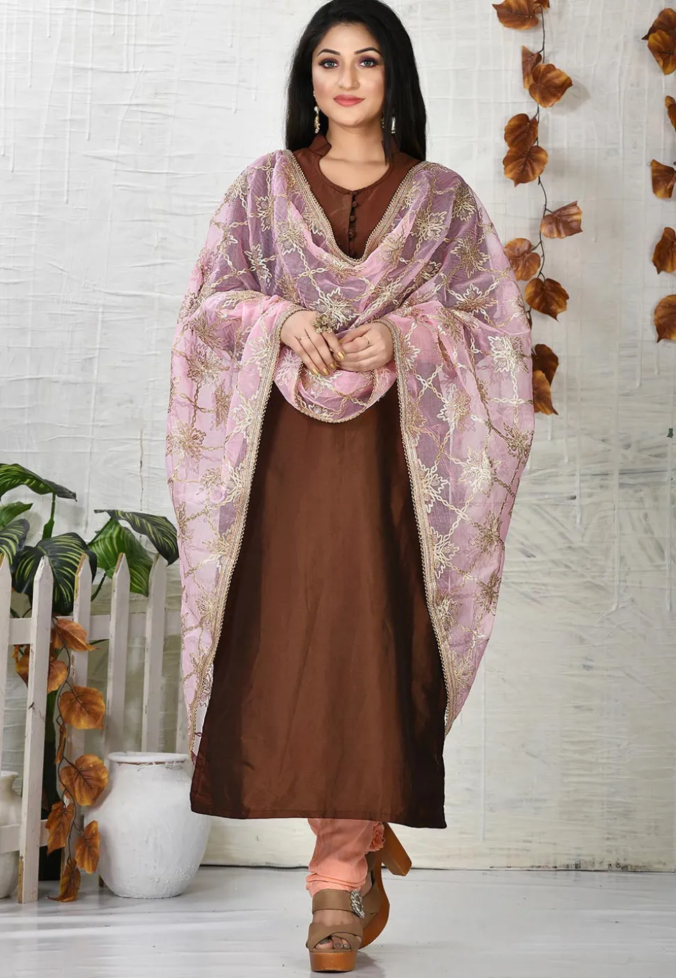 Solid Color Art Silk Straight Suit in Dark Brown