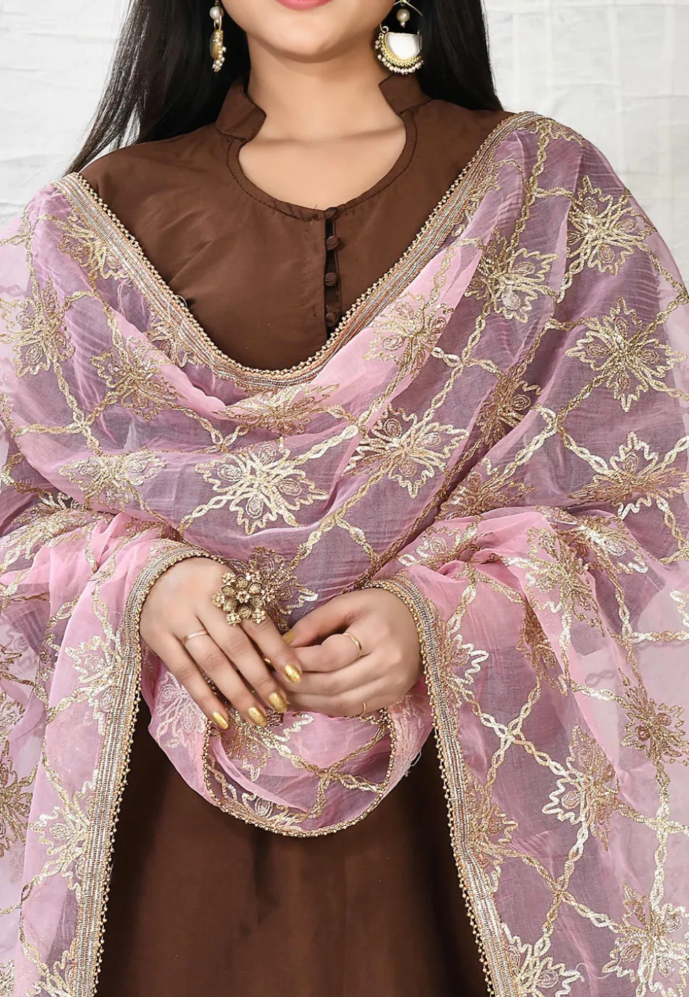 Solid Color Art Silk Straight Suit in Dark Brown