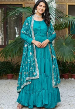 Solid Color Art Silk Tiered Abaya Style Suit in Teal Blue