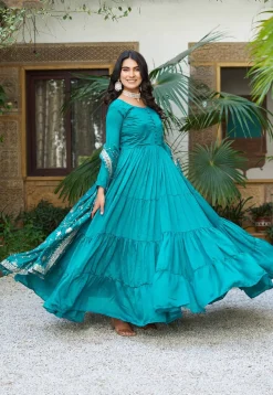 Solid Color Art Silk Tiered Abaya Style Suit in Teal Blue