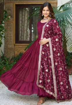 Solid Color Art Silk Tiered Abaya Style Suit in Magenta