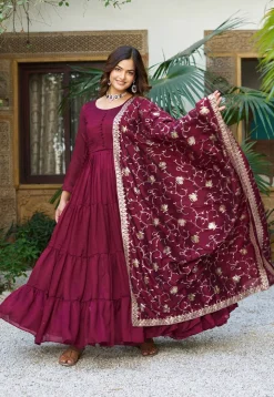 Solid Color Art Silk Tiered Abaya Style Suit in Magenta