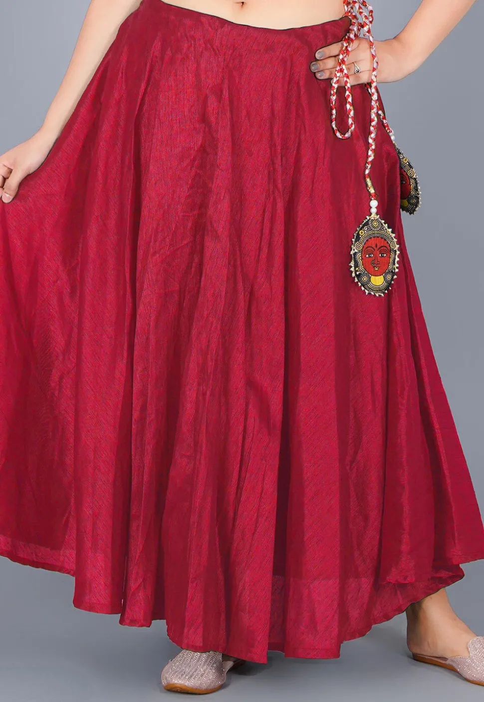 Solid Color Art Silk Umbrella Skirt in Maroon