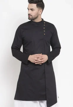 Solid Color Asymmetric Cotton Kurta in Black