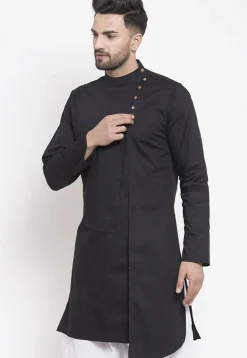 Solid Color Asymmetric Cotton Kurta in Black