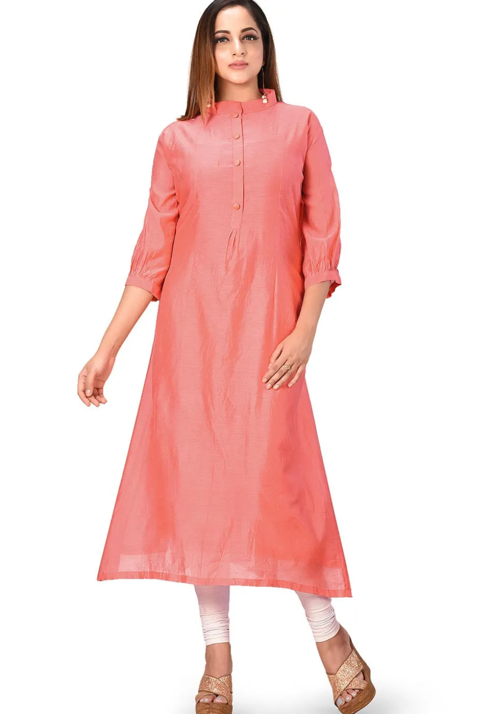 Solid Color Chanderi Cotton Straight Kurta in Peach