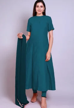 Solid Color Chanderi Cotton Anarkali Suit in Teal Blue
