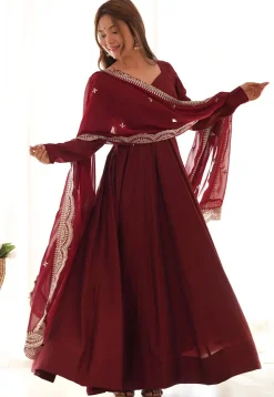 Solid Color Chanderi Silk Abaya Style Suit in Maroon