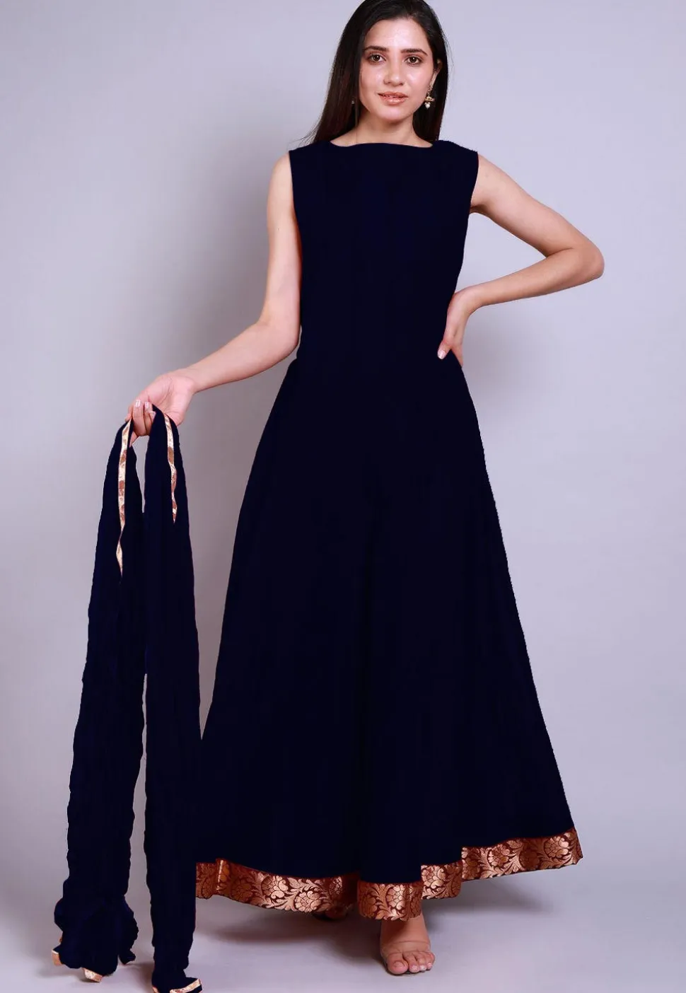 Solid Color Chanderi Silk Abaya Style Suit in Navy Blue