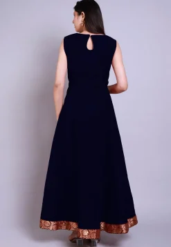 Solid Color Chanderi Silk Abaya Style Suit in Navy Blue