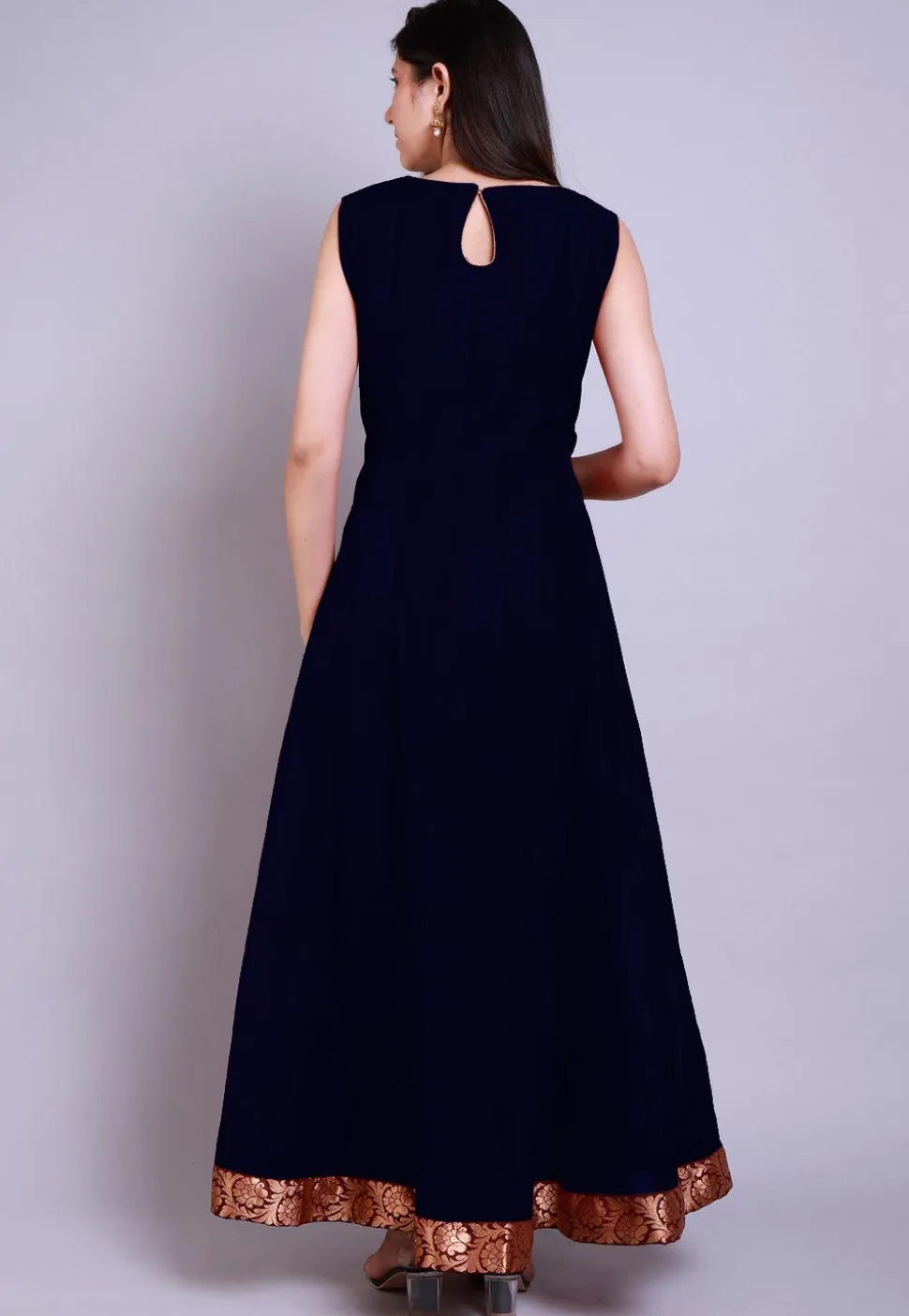 Solid Color Chanderi Silk Abaya Style Suit in Navy Blue