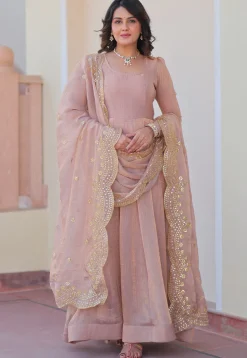 Solid Color Chiffon Abaya Style Suit in Old Rose