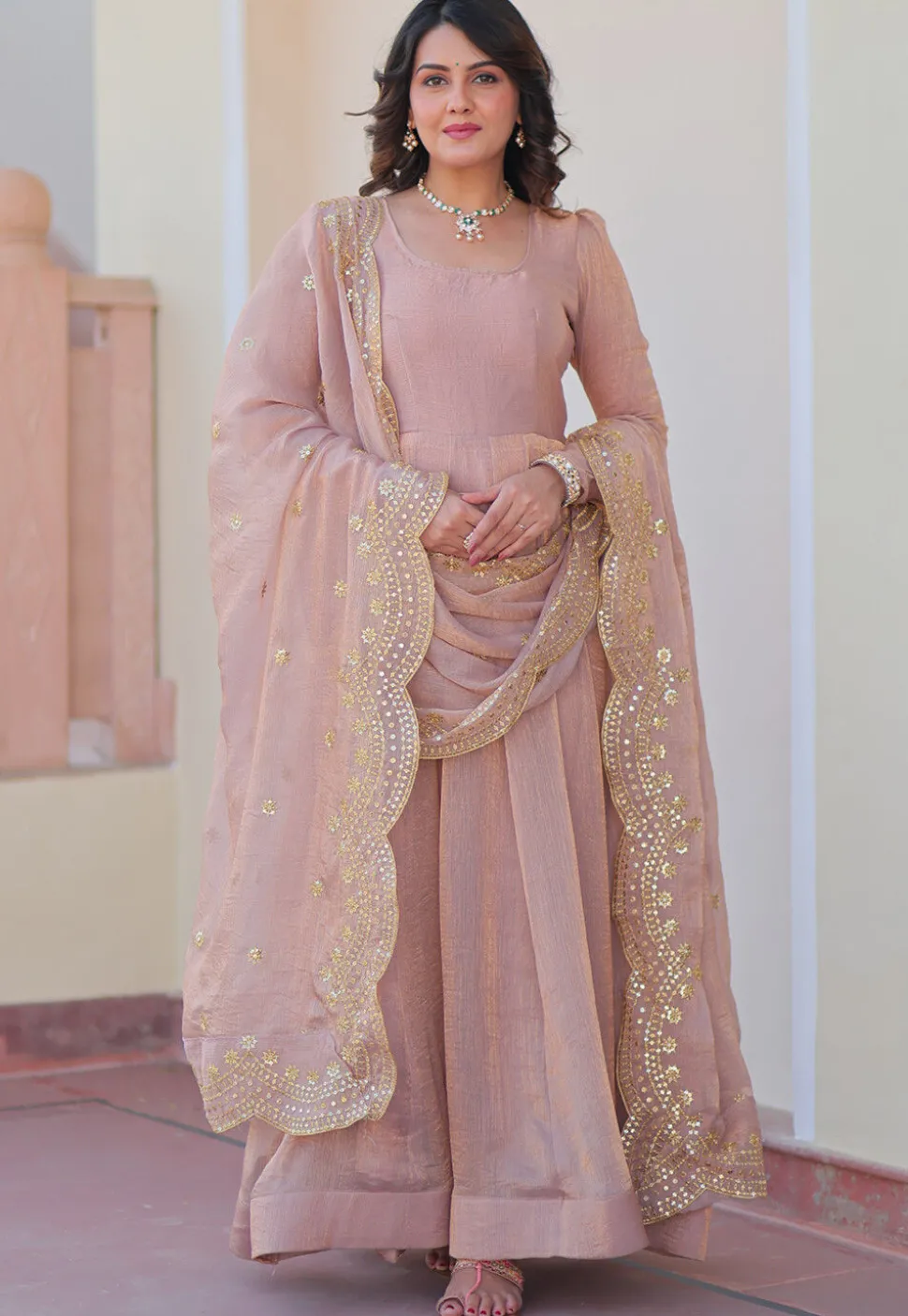 Solid Color Chiffon Abaya Style Suit in Old Rose