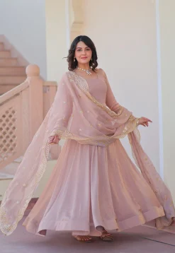 Solid Color Chiffon Abaya Style Suit in Old Rose