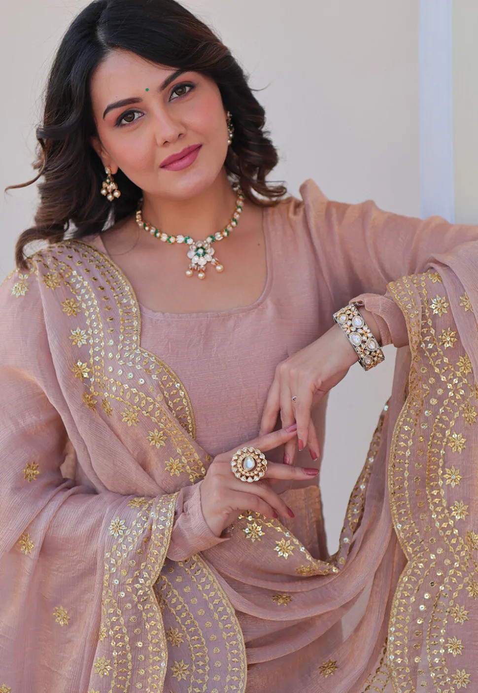 Solid Color Chiffon Abaya Style Suit in Old Rose
