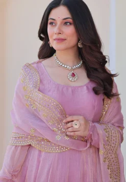 Solid Color Chiffon Abaya Style Suit in Pink