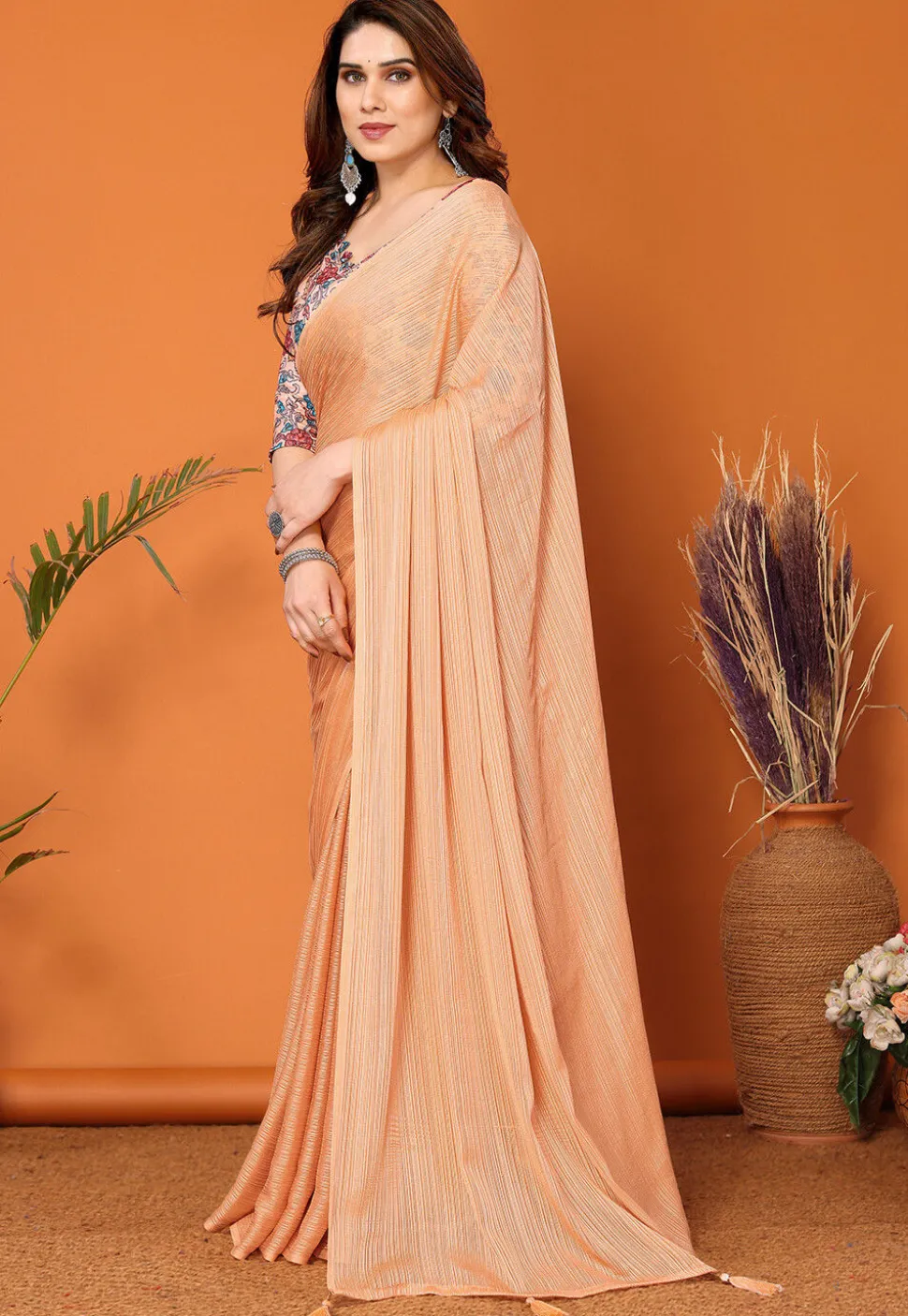 Solid Color Chiffon Brasso Saree in Peach
