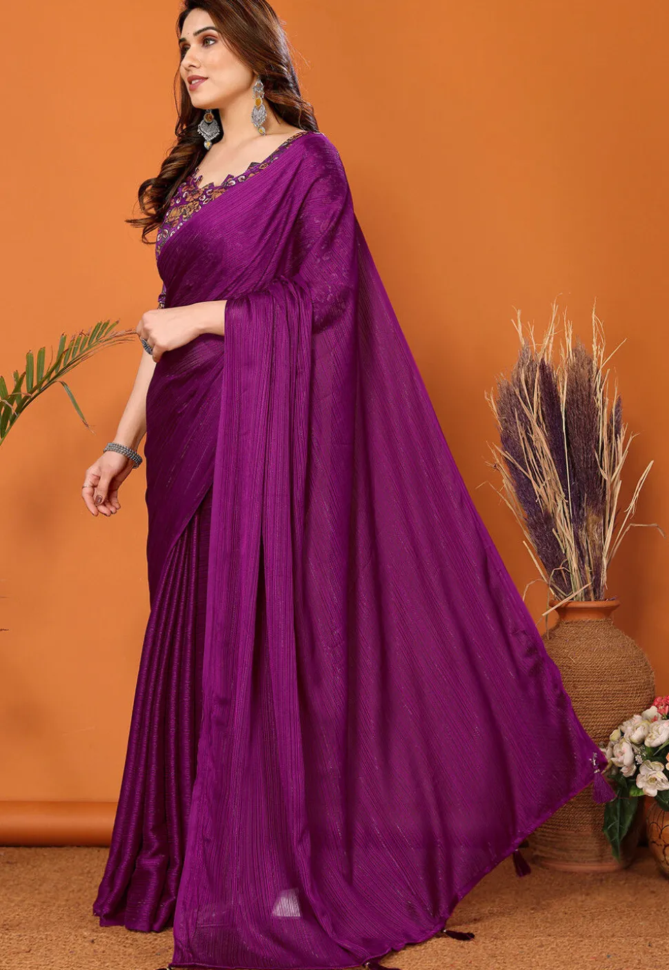 Solid Color Chiffon Brasso Saree in Purple