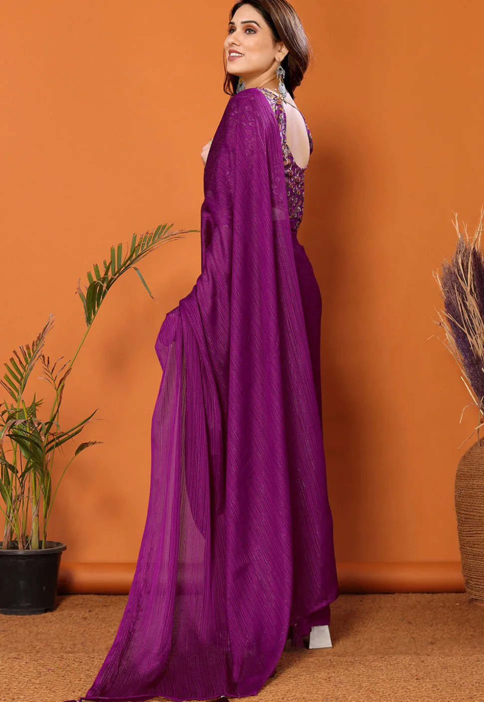 Solid Color Chiffon Brasso Saree in Purple