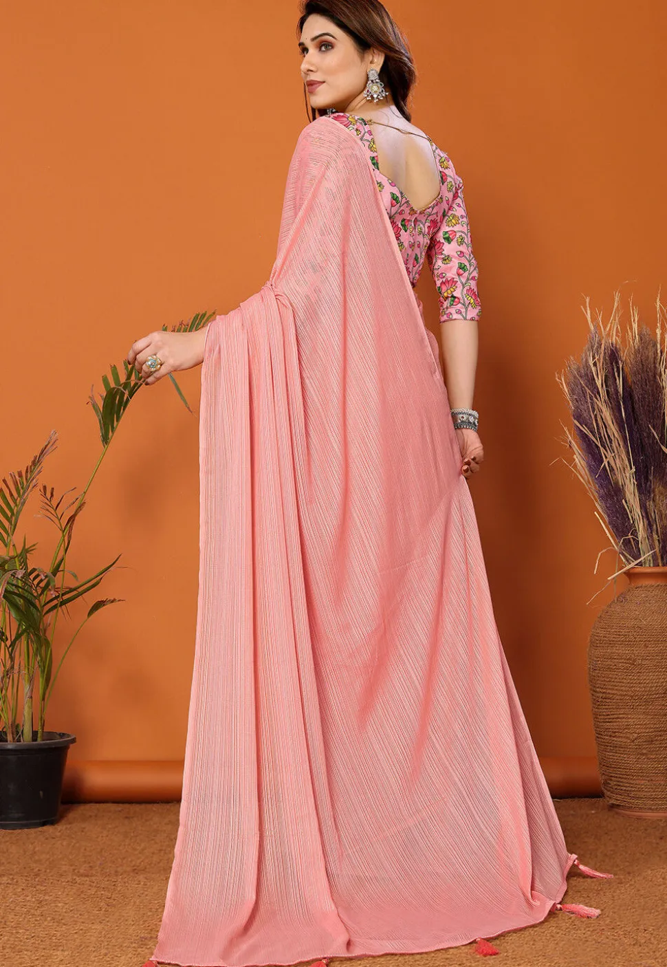 Solid Color Chiffon Brasso Saree in Pink