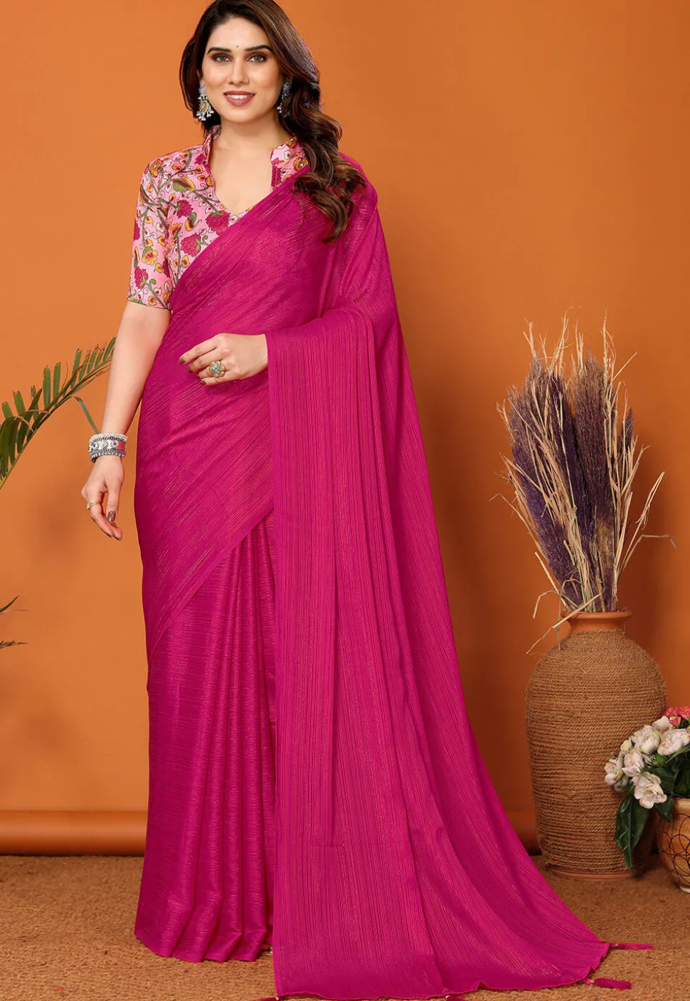 Solid Color Chiffon Brasso Saree in Magenta