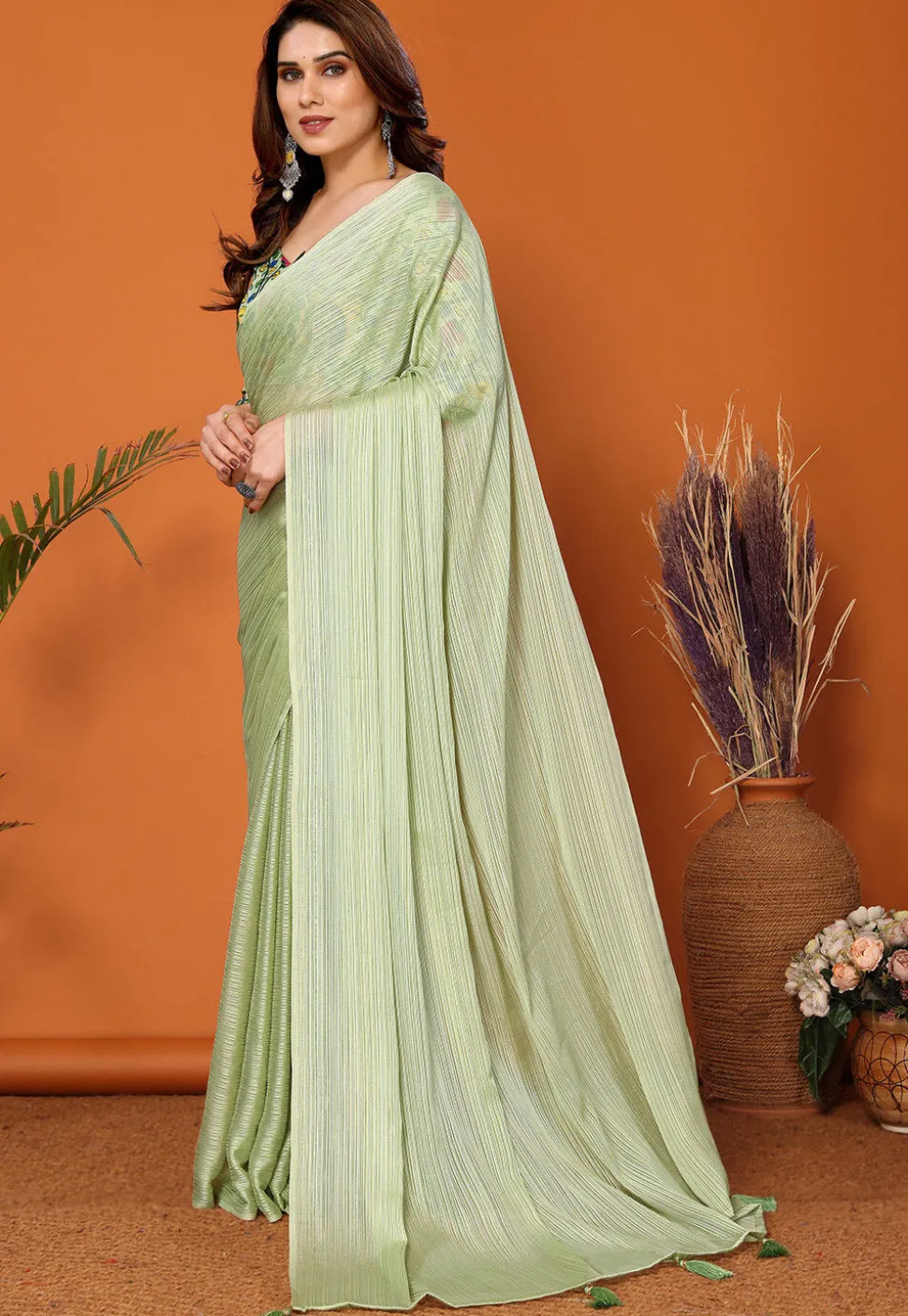 Solid Color Chiffon Brasso Saree in Pastel Green