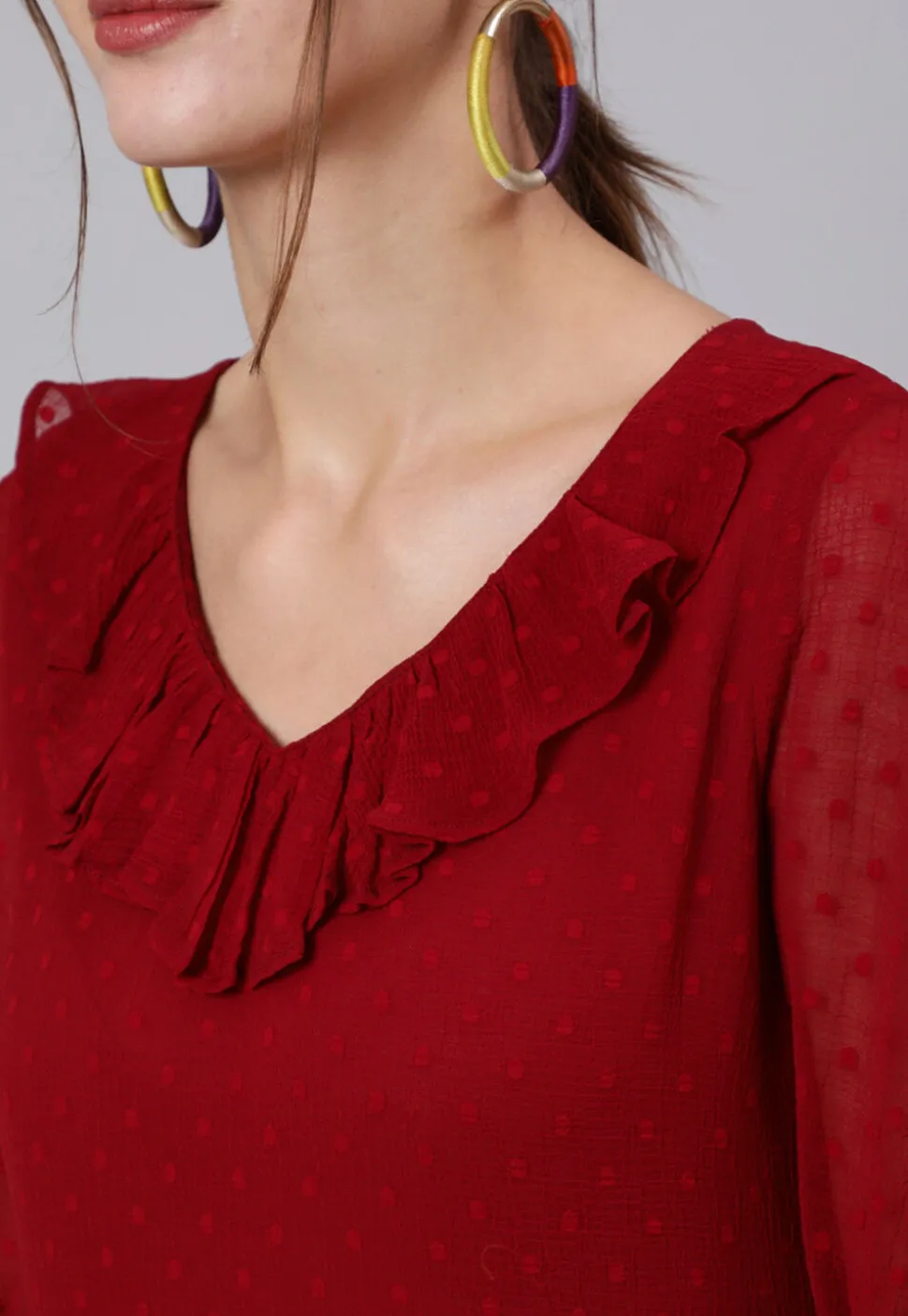 Solid Color Chiffon Dobby Tiered Dress in Maroon
