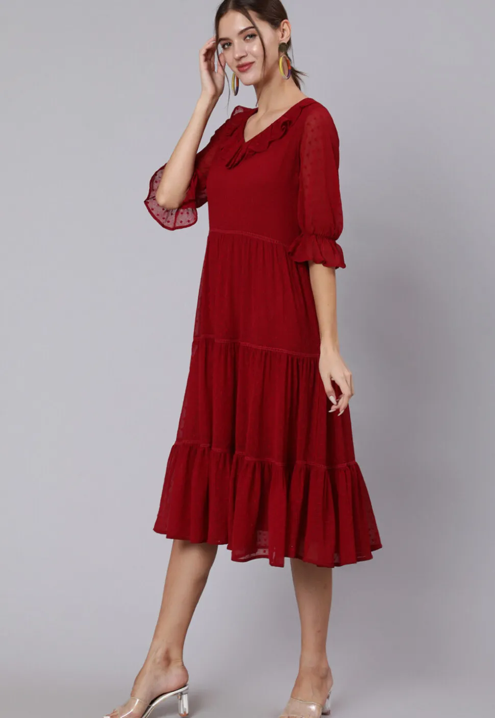 Solid Color Chiffon Dobby Tiered Dress in Maroon