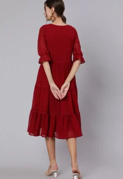 Solid Color Chiffon Dobby Tiered Dress in Maroon