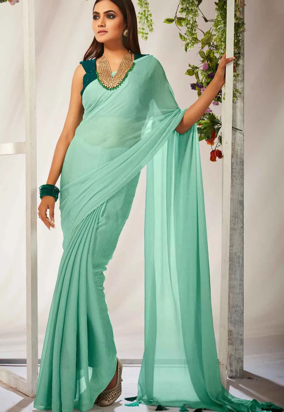 Solid Color Chiffon Saree in Light Blue